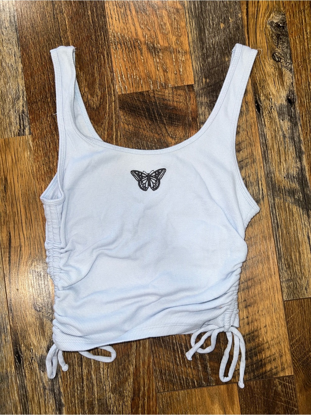 Hollister White Ribbed Tank with Black Butterfly